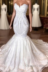 Amazing Long Mermaid Strapless Appliques Lace Wedding Dresses